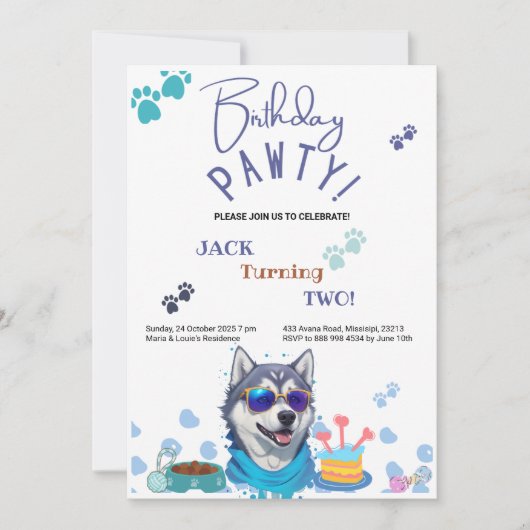 Invitation Anniversaire Pawty Sibérie Husky Chien Anniversair (Devant)