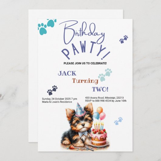 Invitation Anniversaire Pawty Yorkshire Terrier Chien Anniver (Devant / Derrière)