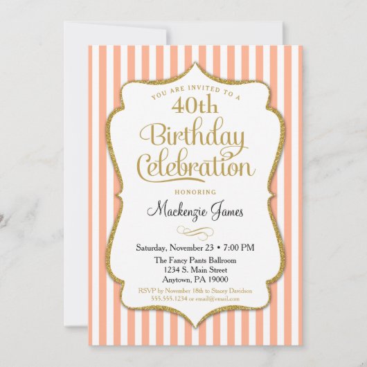 Invitation Anniversaire Pêche Or Adulte Stripes (Devant)