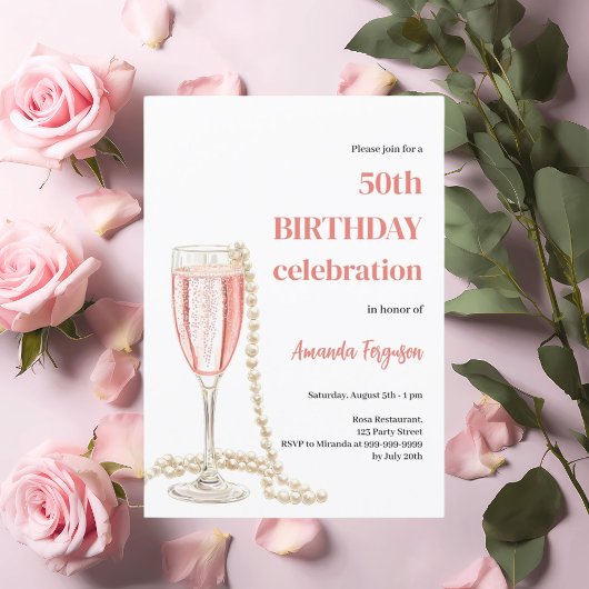 Invitation Anniversaire perles de vin mousseux rose blanc