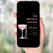 Invitation Anniversaire perles de vin rose noir mousseux