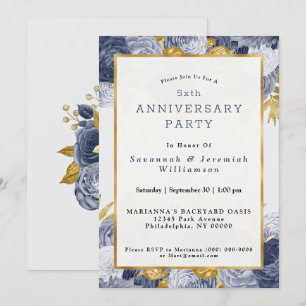 Invitation Anniversaire Personnalisable Chic Blue Gold Floral