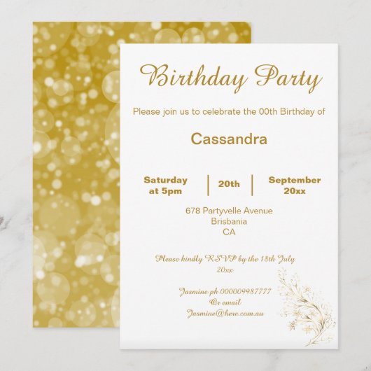 INVITATION ANNIVERSAIRE PERSONNALISÉ DE L'ÉLÉGANT GOLD WHITE  (Devant / Derrière)