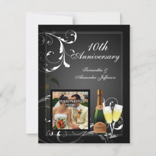 Invitation Anniversaire photo de Champagne d'argent noir et b