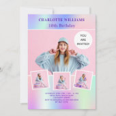 Invitation Anniversaire photo holographique rose violet (Devant)