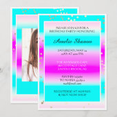 Invitation Anniversaire Pink Blue Gold Confetti Photo (Devant / Derrière)