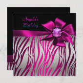 Invitation Anniversaire Pink Bow Black Pink Zebra Silver (Devant / Derrière)