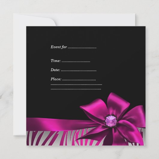 Invitation Anniversaire Pink Bow Black Pink Zebra Silver (Dos)