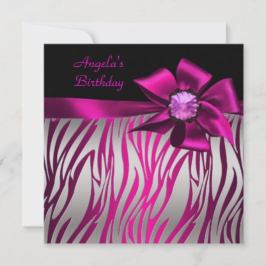 Invitation Anniversaire Pink Bow Black Pink Zebra Silver (Devant)