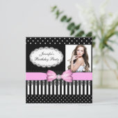 Invitation Anniversaire Pink Bow Noir Blanc Pois (Debout devant)
