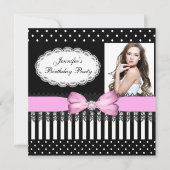 Invitation Anniversaire Pink Bow Noir Blanc Pois (Devant)