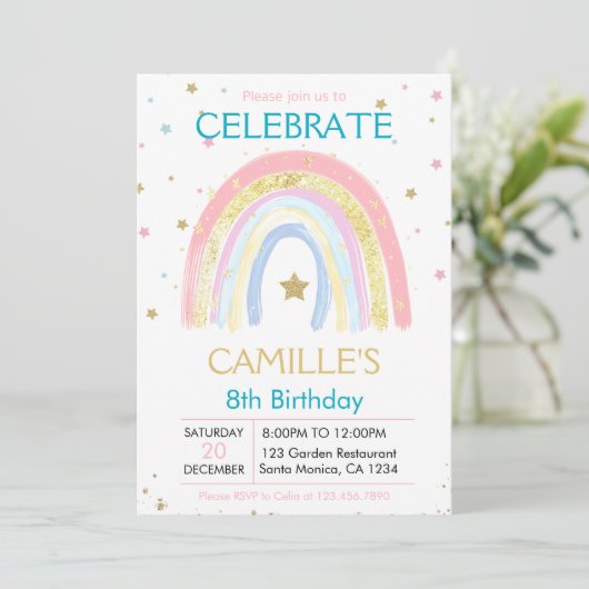 Invitation Anniversaire Pink Pastel Gold Rainbow (Debout devant)
