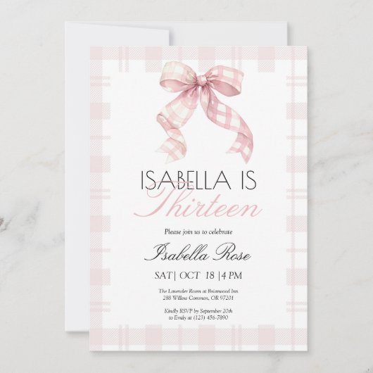 Invitation Anniversaire Pink Plaid Bow (Devant)