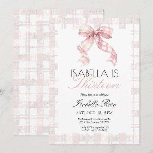 Invitation Anniversaire Pink Plaid Bow (Devant / Derrière)