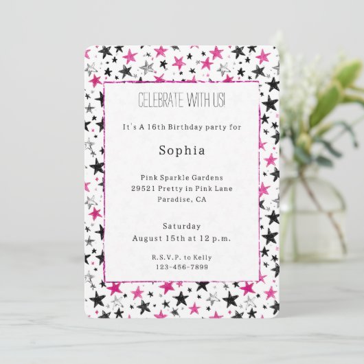 Invitation Anniversaire Pink Silver Black Stars (Debout devant)
