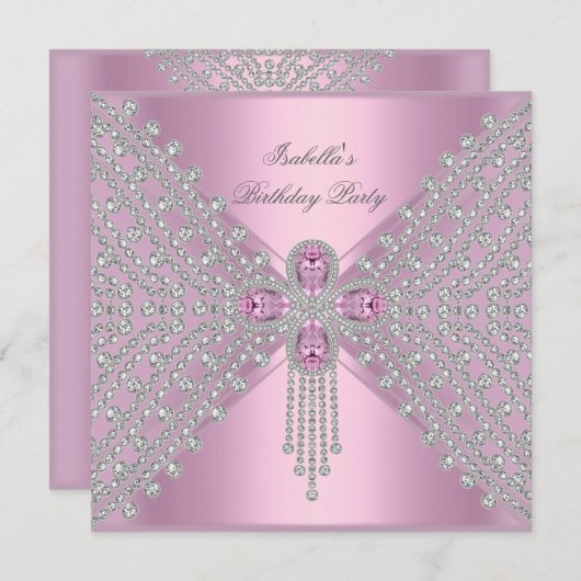 Invitation Anniversaire Pink Silver White Diamond (Devant / Derrière)