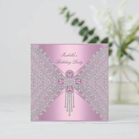 Invitation Anniversaire Pink Silver White Diamond (Debout devant)