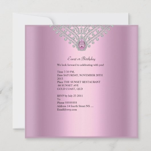 Invitation Anniversaire Pink Silver White Diamond (Dos)