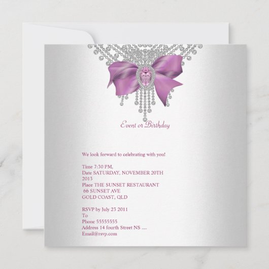 Invitation Anniversaire Pink Silver White Diamond Bow 2 (Dos)