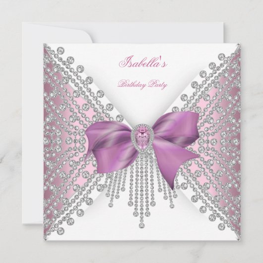Invitation Anniversaire Pink Silver White Diamond Bow 2 (Devant)