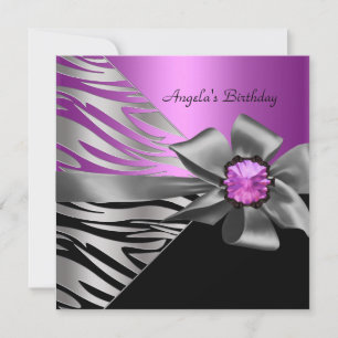 Invitation Anniversaire Pink Silver Zebra Black Grey Bow
