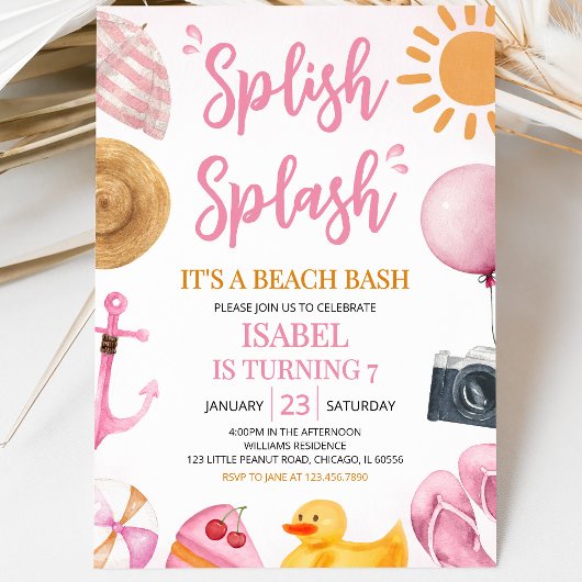 Invitation Anniversaire Pink Splish Splash Beach Bash