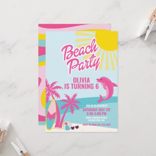 Invitation Anniversaire plage Malibu rose (Devant/Arrière en situation)
