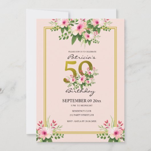 Invitation Anniversaire Plutôt Floral Rose Et Or 50e Annivers (Devant)