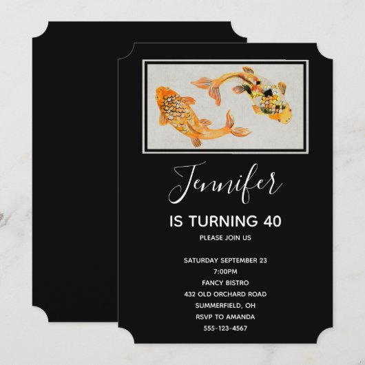Invitation Anniversaire Poisson Koi Or Élégant (Devant / Derrière)