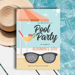 Invitation Anniversaire Pool Party Cute Lunettes de soleil Tu