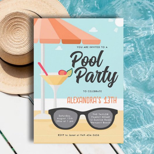 Invitation Anniversaire Pool Party Cute Lunettes de soleil Tu
