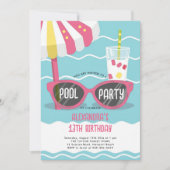 Invitation Anniversaire Pool Party Cute Rose Lunettes de sole (Devant)