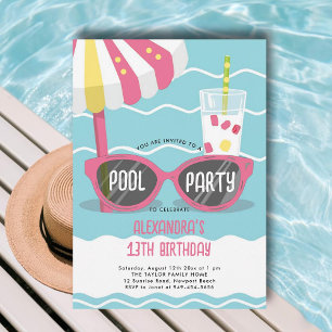 Invitation Anniversaire Pool Party Cute Rose Lunettes de sole