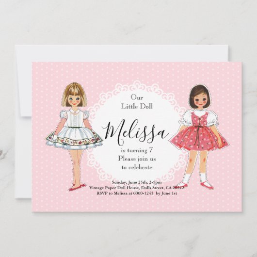 Invitation Anniversaire Poupée en Papier Vintage (Devant)