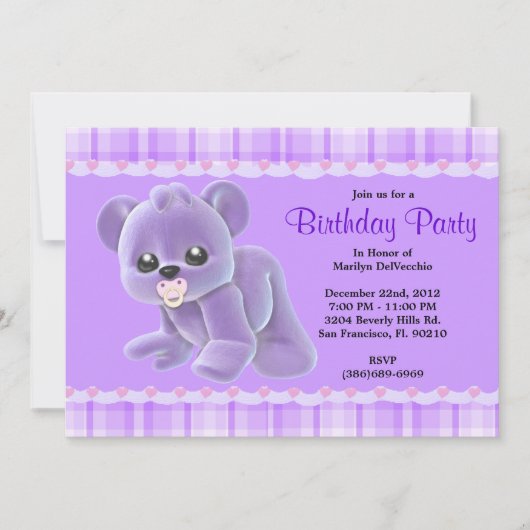 Invitation Anniversaire pourpre d'ours de nounours de peluche (Devant)
