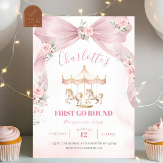 Invitation Anniversaire premier avec carrousel coquette ruban