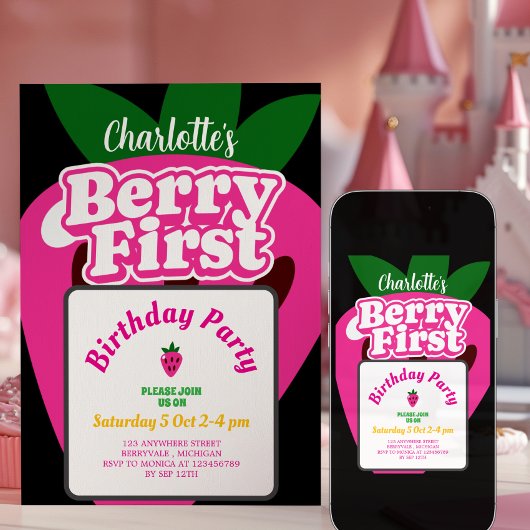 Invitation Anniversaire premier de fraise rose