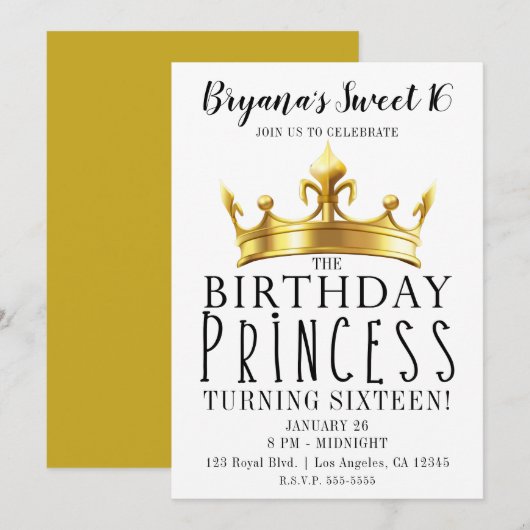 Invitation Anniversaire Princesse Gold Crown Tiara Sweet 16 P (Devant / Derrière)