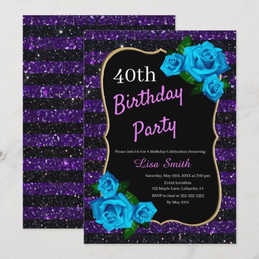 Invitation Anniversaire Purple Black Stripes Parties scintill (Devant / Derrière)