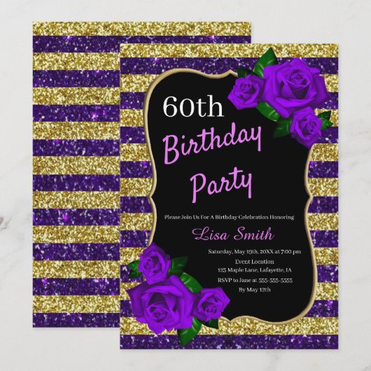 Invitation Anniversaire Purple Gold Stripes Parties scintilla (Devant / Derrière)