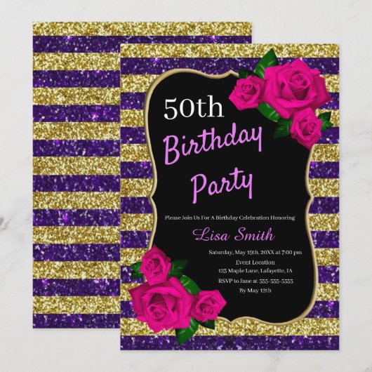Invitation Anniversaire Purple Gold Stripes Parties scintilla (Devant / Derrière)