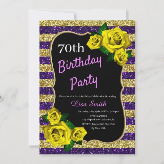 Invitation Anniversaire Purple Gold Stripes Parties scintilla (Devant)