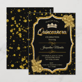 Invitation anniversaire Quinceañera or et noir (Devant / Derrière)