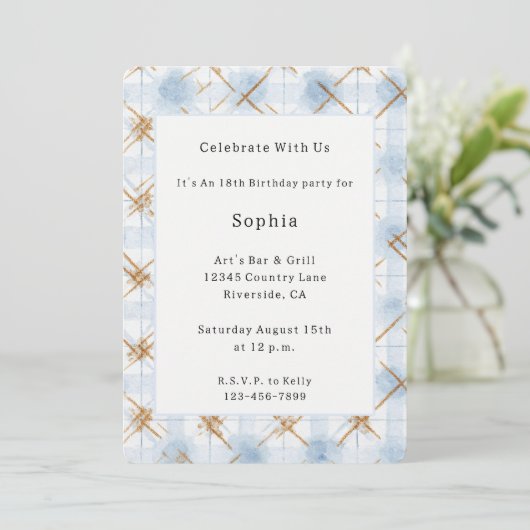 Invitation Anniversaire Rayures Bleu Blanc Or   (Debout devant)