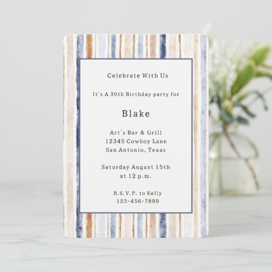 Invitation Anniversaire Rayures Bleu Crème Marron (Debout devant)