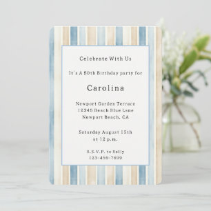 Invitation Anniversaire Rayures Crème Bleu Plage