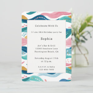 Invitation Anniversaire Rayures Ondulées Bleu Vert Rose Menth
