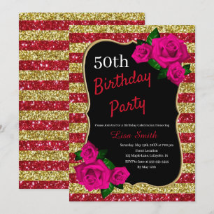 Invitation Anniversaire Red Gold Stripes Parties scintillant 