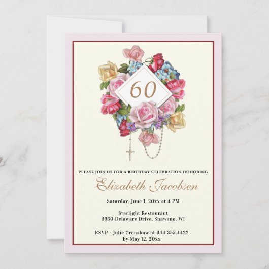 Invitation Anniversaire religieux Rosaire catholique Floral (Devant)