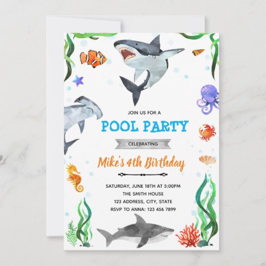 Invitation anniversaire requin sous la douche de mer (Devant)